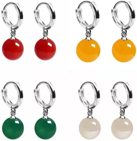 SAINSUNRLP 4PCS Earring Set S925 Silver Plated Green Agate Earrings Earrings for Women Multipack Clip on Earrings Dangle Earrings Costume Hypoallergenic Earrings (Red Yellow White Green)