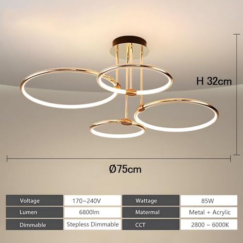 Miniatura 4 de 4 Anillos Redondos Lámpara De Techo Led Dorada Diseño, Candelabro De Ø75cm 85w Regulable Forma Continua, Colgante De Electrochapa De Metal Creativo, Lámpara Moderna Para Dormitorio, Sala De Estar
