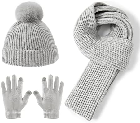 Lallier 3Pcs Kids Hat Scarf and Snow Gloves Set, Winter Knit Warm Soft Pom-Pom Beanie Outdoor for Boys Girls and Toddlers
