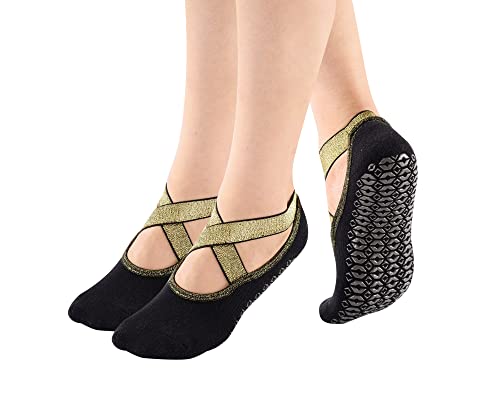 Teebulen Women's And Girl's 2 Pairs Black With Golden Metalic Cushioned Anti Skid Non-Slip Grips Cotton Yoga Barre Pilate Home Socks,Size 4-7 #TOP7