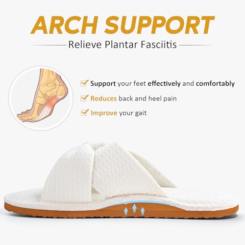ROPULP House Slippers for Women with Arch Support Slide Sandals Bedroom Waffle Knit Fabric Crossbands Shoes Comfy Trendy Gift, White/Brown, Size 9 - Thumbnail 2