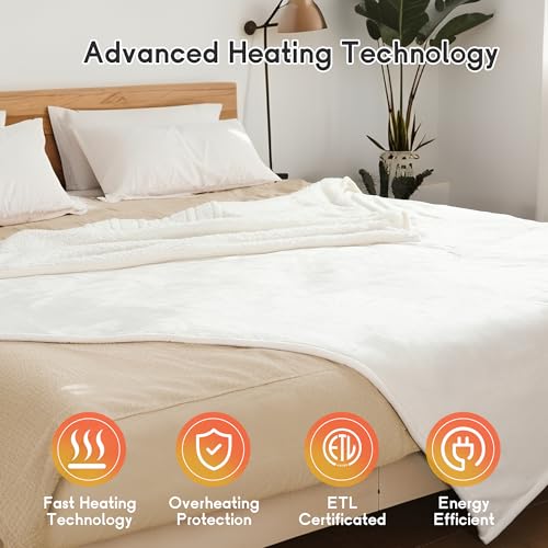 Heated Blanket Electric Blanket Queen Size 84''x90'' with 10 Heating Levels, 1-12 Hour Auto Shut Off, Machine Washable, Dual Controller Soft Warming Blanket for Couch, Bed, Office - White — view 5