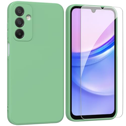 ARRYNN Funda Samsung Galaxy A15 4G / 5G con Cristal Templado Protector de Pantalla,Verde Ultra Slim Protectora Funda de Silicona Líquida Suave Case Cover para Samsung Galaxy A15 4G / 5G - Verde