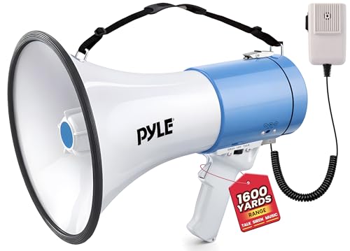 Pyle Megaphone Speaker PA Bullhorn with Built-in Siren - 50 Watts Adjustable Volume Control and 1200 Yard Range - Ideal for Football, Baseball, Basketball Cheerleading Fans & Coaches or for Safety Drills (PMP50)