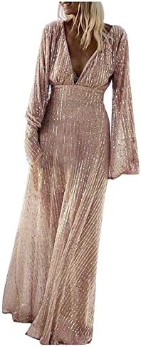 Women Maxi Sequins Evening Party Dress Sexy Deep V Neck High Waist Shining Cocktail Dress Mesh Long Sleeve Glitter Floor Length Formal Dress Rose Gold