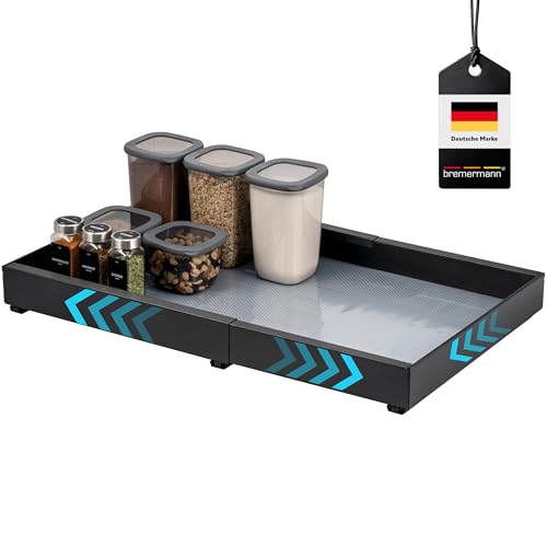 bremermann Teleskopschublade mit Einlegeboden, ausziehbar, verstellbare Breite von 43-67 cm, Auszugschienen zum Kleben oder Bohren Küchenschublade zum Nachrüsten, aus schwarzem Metall (Schwarz)