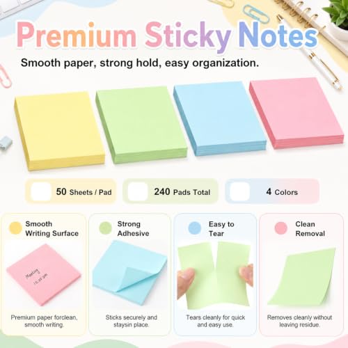 Image of Fainne 240 Pack Sticky Notes Bulk 3x3 Multicolor Self Stick,Simple Color