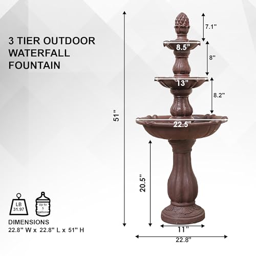 XBrand 3-Tier Freestanding Waterfall Fountain w/Pump & Pineapple Top, 51 Inch Tall, Brown, Large Outdoor Garden Fountain, Ideal for Garden, Porch, and Lawn - Thumbnail 6