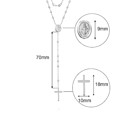 Savlano 925 Sterling Silver 1.5MM Beaded Rosary Miraculous Medallion & Cross Pendant Necklace -18K Gold Plated 19” Inches Y-Necklace Chain for Women, Religious Jewelry Comes with Gift Box - Made in Italy2