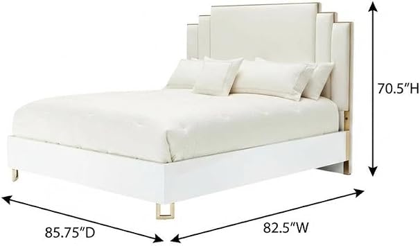 Michael Amini Palm Gate White Upholstered Eastern King Bed Cloud White Panel Bed with Cream Woven Polyester Fabric and Durable Manufactured Wood Frame for Elegant Bedroom