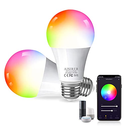 AISIRER Smart Light Bulb, LED WiFi Smart Bulbs, Color Changing Alexa Light Bulb 60 Watts, Compatible with Amazon Alexa Google Home Siri, 2.4GHz WiFi No Hub Required, A19 E26 Bulbs 2 Pack