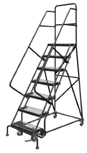 Tri-Arc KDSR107242 7-Step Steel Rolling Industrial and Warehouse Ladder with Handrails and 24" Wide Grip-Strut Tread