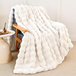 Faux Rabbit Fur Throw Blanket for Couch, Cream White Throw Blankets 50"x60"