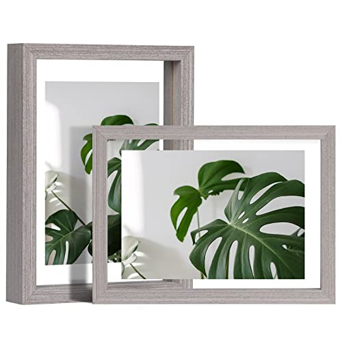 Egofine 5x7 Floating Frames Set of 2, Double Plexiglass Picture Frame, Made of Solid Wood Display Any Size Photo up to 5x7, Wall Mount or Tabletop Standing, Light Grey