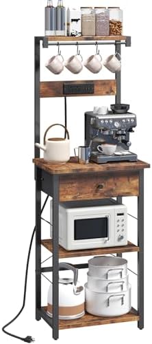 MAHANCRIS Bakers Rack with Drawer, Microwave Stand with Power Out...