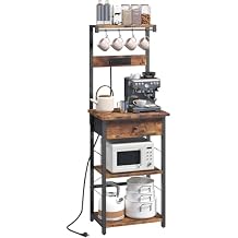 MAHANCRIS Bakers Rack with Drawer, Microwave Stand with Power Outlet, Coffee Bar Station with 4 Hooks, Kitchen Storage Shelf Rack 4 Tiers, for Kitchen, Dining Room, Rustic Brown and Black BRHR48E01