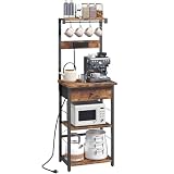 MAHANCRIS Bakers Rack with Drawer, Microwave Stand with Power Outlet, Coffee Bar Station with 4 Hooks, Kitchen Storage Shelf Rack 4 Tiers, for Kitchen, Dining Room, Rustic Brown and Black BRHR48E01