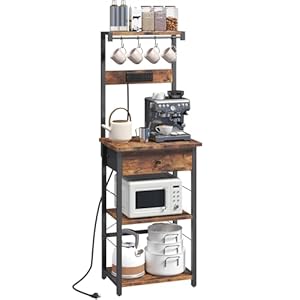 Bakers Rack with Drawer, Microwave Stand with Power Outlet, Coffee Bar Station with 4 Hooks, Kitchen Storage Shelf Rack 4 Tiers, for Kitchen, Dining Room, Rustic Brown and Black BRHR48E01