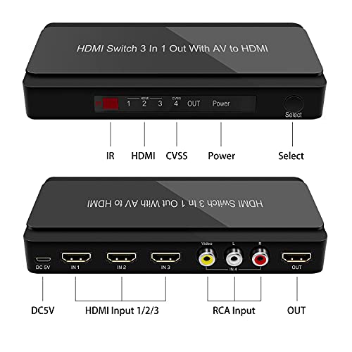 HDMI Switch, HDMI Switch with Remote, HDMI Switch Box Support 4K, 1080P, 3D (HDMI Switch 3x1 with AV)