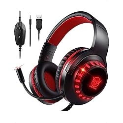 Audifonos Gamer Rojos Con Microfono Pacrate Cascos Gaming para PS4/PS5/Xbox One/Nintendo Switch/PC, Auriculares Gaming con Microfono Cascos PS4 con Sonido Envolvente Estéreo, Cascos Gamer con Cancelación de Ruido, Luz LED, Rojo