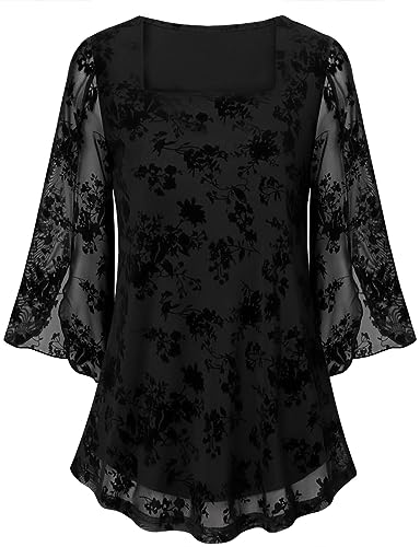 Syphiby Ladies Blouses Tunic Tops 3/4 Sleeve, 16 Short Sleeve for Women UK Length Womens Casual Woman Ruffle Blouse Square Neck Tops, Black Jacquard Weav