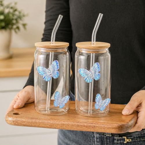 Image of 400ml Sipper Drinking Jar with Bamboo Lid & Glass Straw, Butterfly Printed Mason Jar Cup, Leakproof Reusable Smoothie & Juice Tumbler, Beverage Glass for Home & Office (Pack of 1)
