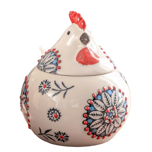 Frezonika Ceramic Salt Cellar with Lid and Spoon, 13 OZ Large Chicken Salt Jar, Salt Holder for Counter, Coffee, Sugar, Spices and Candies, Salt Containers for Countertop (Blue)