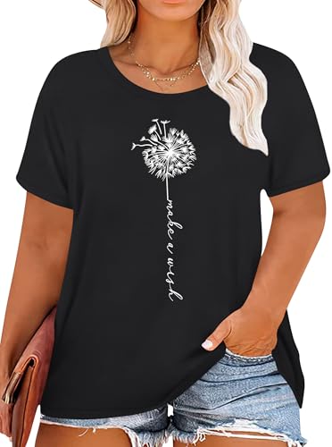 Camiseta grande para mujer, tallas grandes, Dandelion, camisetas para mujer, tallas grandes, diseño de flores silvestres, Negro , 3XL