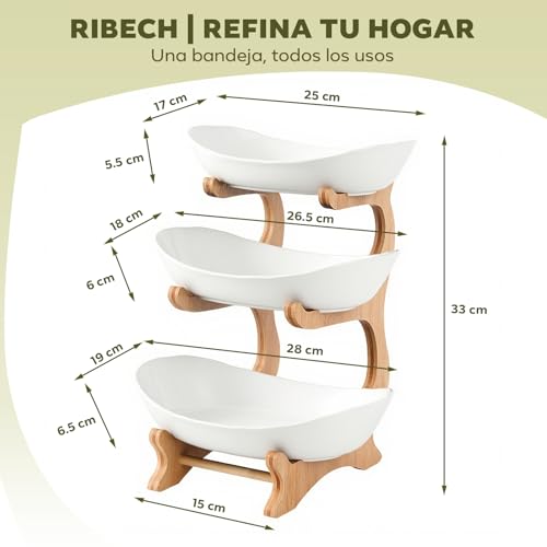 Miniatura 6 de Soporte De Frutas De 3 Niveles Con Tres Cuencos Blancos De Plástico Grueso, Organizador De Cocina Elegante Para Aperitivos Y Decoración, Estructura Estable De Bambú