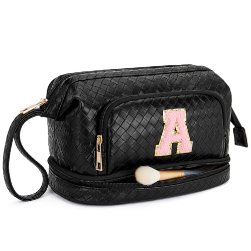 Telena Makeup Bag Large Capacity Travel Cosmetic Bags Double Layer Portable Make Up Bag for Women Black-A