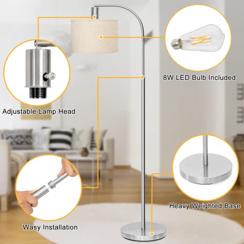 Led Floor Lamp Fully Dimmable Modern Standing Lamp Arc Floor Lamp With Adjustable Drum Shade, Silver Tall Pole Reading Lamp Corner Light For Living Room Bedroom Study Room, 8W Led Bulb Included #TOP3