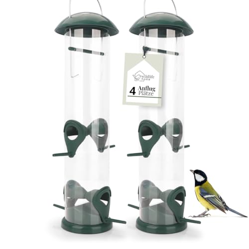 wildlife home - WILDLIFE HOME Körner Vogelfutterspender 2 Stück I 30cm mit 4 Anflugplätzen I Vogel Futterstation zum Aufhängen, Futtersäule, Körner Wildvögel Futtersilo