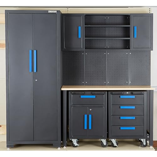 Strongway Steel Garage Storage System with Drawers, Pegboard, Shelves, Tabletop, 2 Rolling Cabinets...