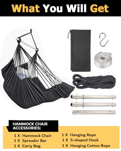 Image of ADVOKAIR Hammock Chair Swing 500lbs Steel Bar Multi-Size Bedroom&Porch | Anti-slip Rings, Adjustable Strap and S-hook, Easy Assembly, Indoor&Outdoor