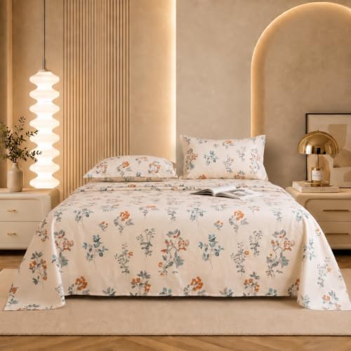Image of Marrow Lane 300 TC Soft Air Cotton Double Bedsheet with 2 Pillow Covers | Amber Bloom Botanical Floral Print | Breathable Flat Sheet | 228.6 x 254 cm | Ivory & Orange