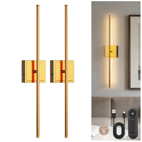 DORESshop 28 Inch Battery Operated Wall Sconces Set of 2, Brass 350°Rotate
