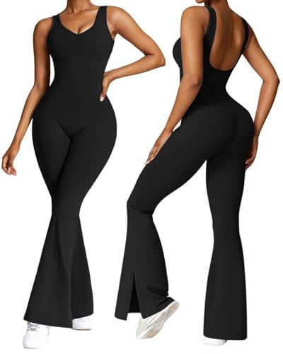 Vertvie Mono para mujer, corte bootcut, ajustado, deportivo, con mangas, con almohadillas, traje de yoga, mono de una pieza con vuelta, mono largo, U Espalda: Negro, S