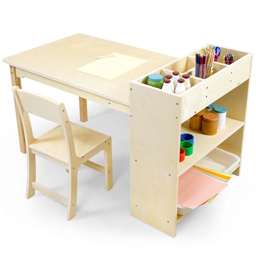 Kids Art Table and Chair Set, Birch Wooden Activity Craft Table, Kids Drawing Table, Toddler Desk with Storage and 1 Chair