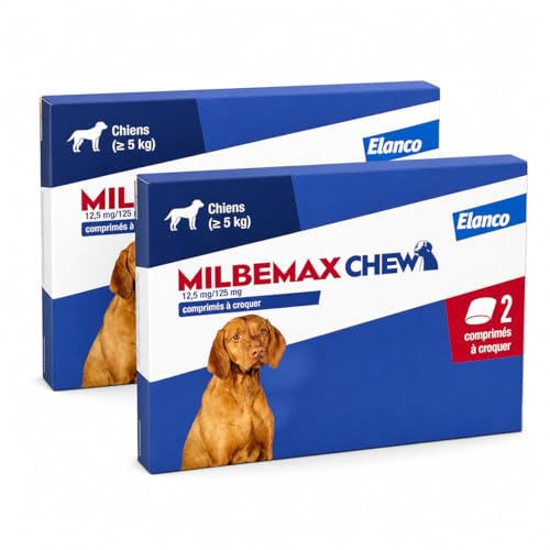 Générique Milbemax Chew Chiens 12,5 mg/125 MG – Lot de 2 Boîtes de 2 Comprimés à Croquer – pour Chiens dès 5 kg – Elanco