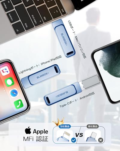 【MFi認証 APPプライバシー保護】USBメモリ BLANBOK+ 256GB iphone usbメモリ メモリースティック Lightning/type-cコネクタ搭載 容量不足解消 写真保存用 外付けメモリ iPhone17/16/15//14/13 /12/iPad/iPod/Win/Mac兼用（ブルー）