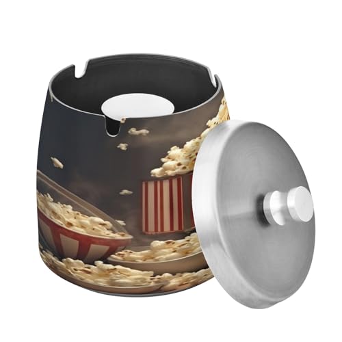 SKYSHU Popcorn askfat med avtagbart lock och halkfri dyna, skrapbeständig rostfritt stål cigarett askfat rökfri luktfri vindtät cigarraska för rökare inomhus utomhusbruk