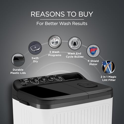 Image of Lloyd 7 kg 5 Star Semi Automatic Top Load Washing Machine |1300 RPM | Detergent Storage Zone | 3 Wash Programs | Swift Dry | Magic Filter, GLWS705AODDG, Dark Grey and White)