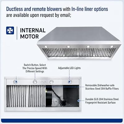 CHETTO C Black Stainless Steel Range Hood with High CFM Vent Hood Insert 4-Speed Settings Baffle Filter LED Lights 54"W x21"D x42"H Wall Mount