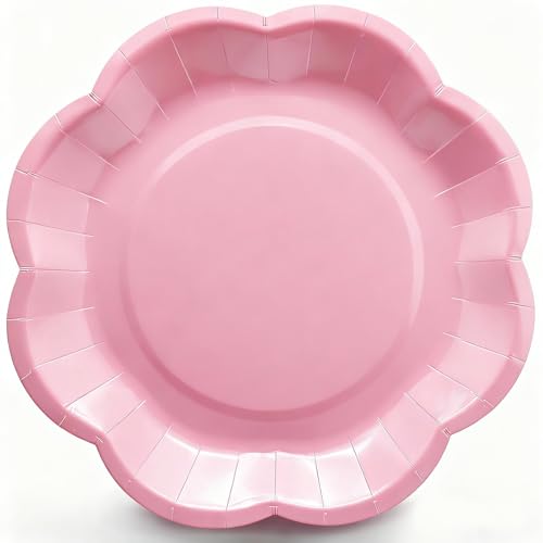 Gudvilla Light Pink Plates Party Supplies,9 inch Pink Paper Plates Disposable Scalloped for Birthday Cake Plate Baby Shower Dinner Wedding Dessert Party