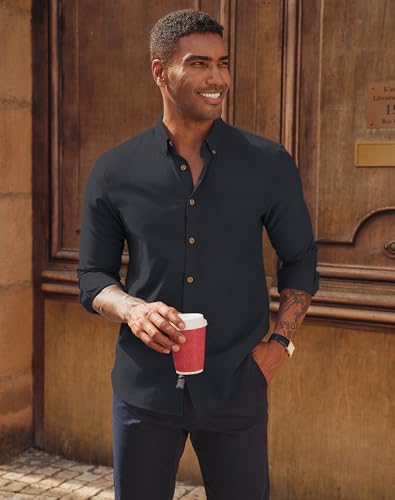 PJ PAUL JONES Men's Oxford Button Down Shirt, Long Sleeve Regular Fit Business Casual Dress Shirts with Chest Pocket Black - Image 3