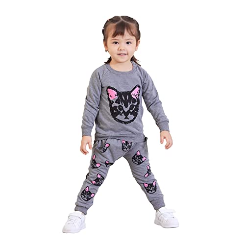 Puseky Toddler Kids Girls Cute Cat Sweatshirt Tops & Pants Tracksuit Outfits Set (2T-3T, Grey) #TOP1