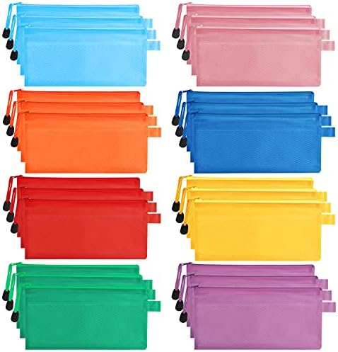Belle Vous Plastic Mesh Zipper Pouches (24 Pack) - Document Zip File Bags/Folders (8 Colours) - Waterproof Wallets for Travel Accessories, Cosmetics, School/Office, Pens/Pencils, or Bill Bag