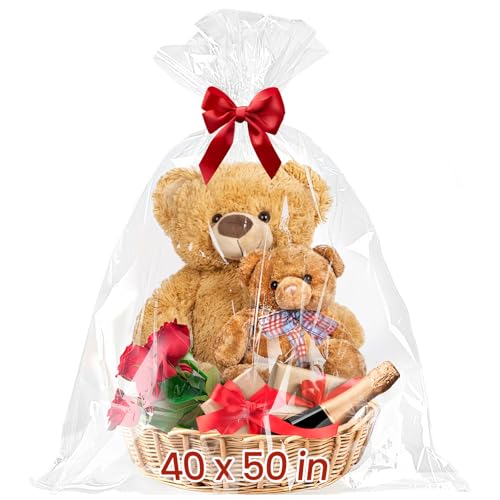 Ohuimrt 6 PCS Extra Large Cellophane Gift Bags, 40 x 50 Inches Jumbo Clear Plastic Cellophane Wrap for Gift Baskets Packaging