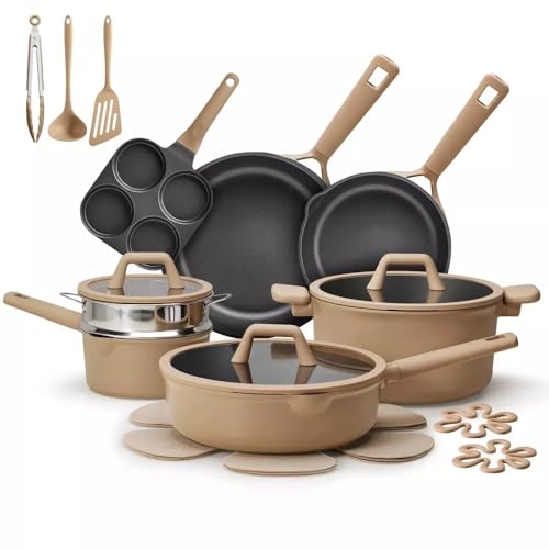 Carote 9-Piece Nonstick Cookware Set, PFOA-Free Healthy Cooking, Saucepan, Skillets & Casserole with Strainer Lid, Titanium-Reinforced, All-Stovetop Compatible, Dishwasher Safe (Taupe, 21pc)