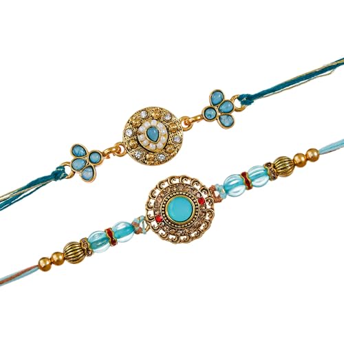 Image of eCraftIndia Set of 2 Beautiful Kundan Pearls Beads Designer Rakhis with Roli Chawal Pack